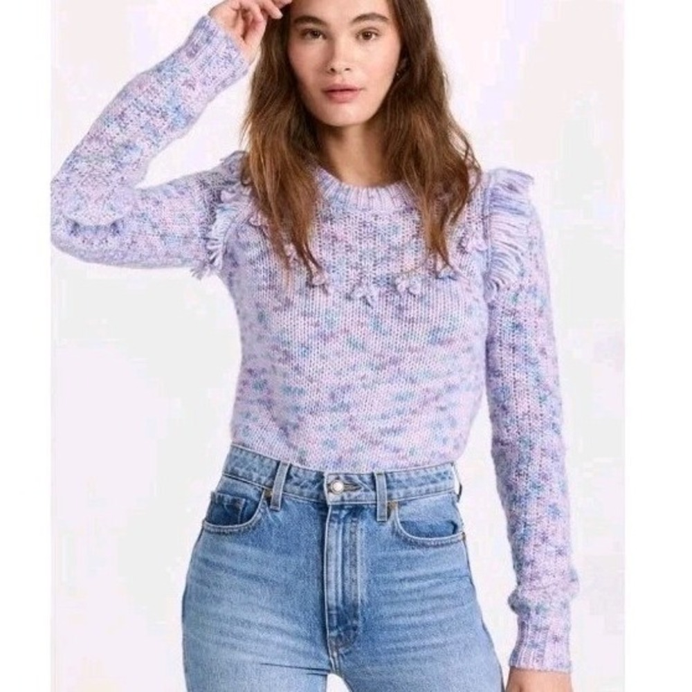 LoveShackFancy Koru Marled Fringe Pullover Sweater Large Purple Pink